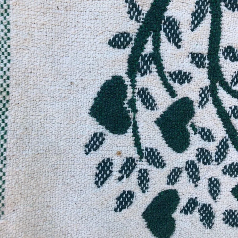 Woven table runner doily heart tree checkerboard country pattern fringe green